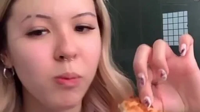 Asian Cute Babe Slips Her Small Nip While Eating Pizza